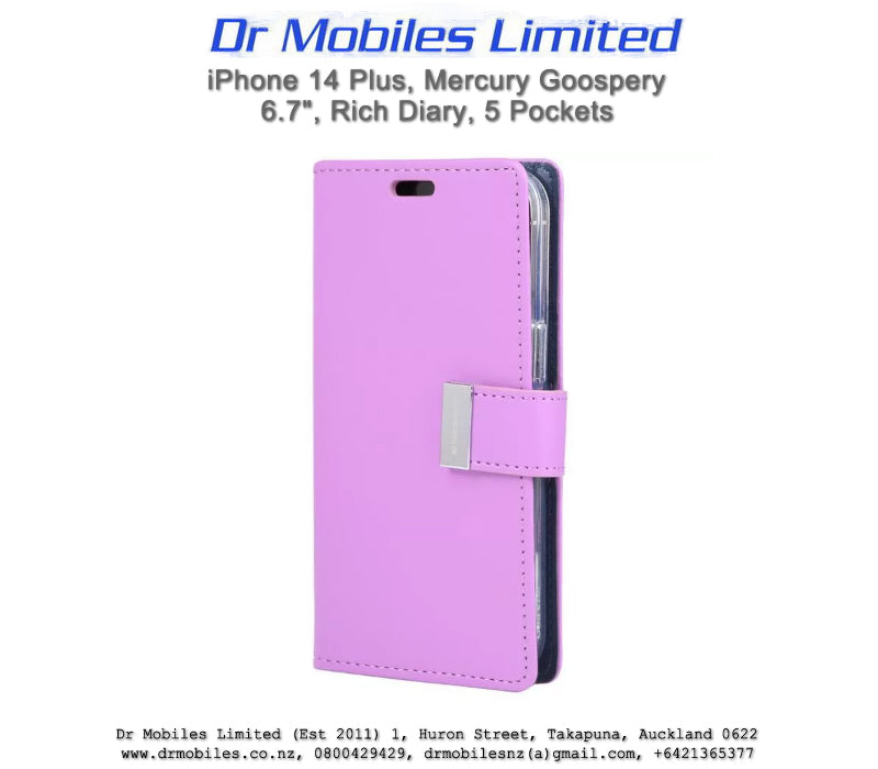Mercury Goospery iPhone 14 Plus, Rich Diary 5 Pocket Wallet iPhone 14 Plus, 6.7" - Purple