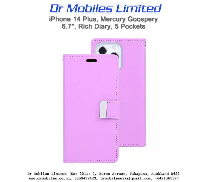 Mercury Goospery iPhone 14 Plus, Rich Diary 5 Pocket Wallet iPhone 14 Plus, 6.7" - Purple