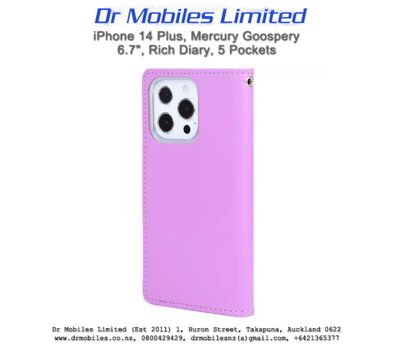 Mercury Goospery iPhone 14 Plus, Rich Diary 5 Pocket Wallet iPhone 14 Plus, 6.7" - Purple