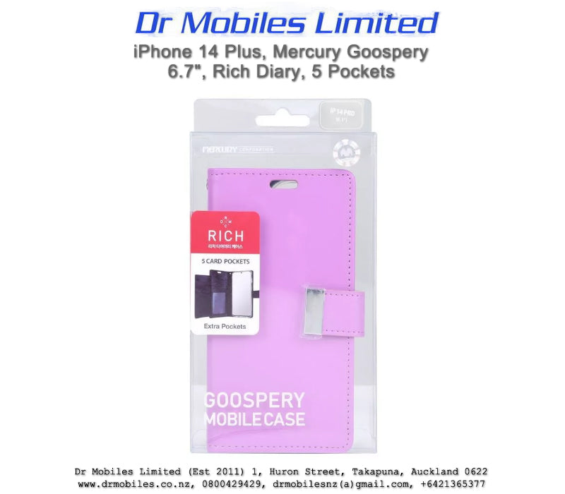 Mercury Goospery iPhone 14 Plus, Rich Diary 5 Pocket Wallet iPhone 14 Plus, 6.7" - Purple