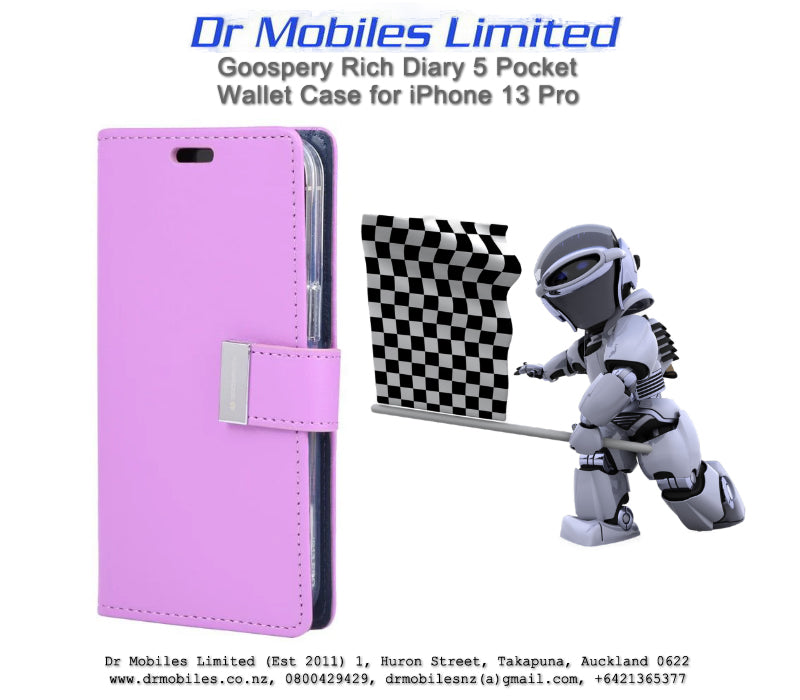 Mercury Goospery Rich Diary 5 Pocket Wallet Case for iPhone 13 Pro, 6.1" - Purple