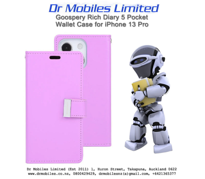 Mercury Goospery Rich Diary 5 Pocket Wallet Case for iPhone 13 Pro, 6.1" - Purple