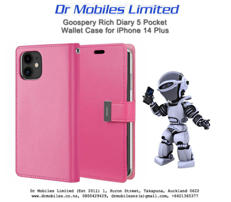 Mercury Goospery iPhone 14 Plus, 6.7" Rich Diary 5 Pocket Wallet Case - Hot Pink