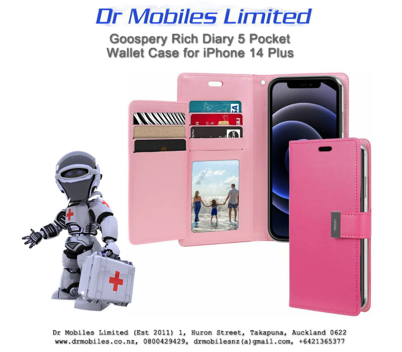 Mercury Goospery iPhone 14 Plus, 6.7" Rich Diary 5 Pocket Wallet Case - Hot Pink