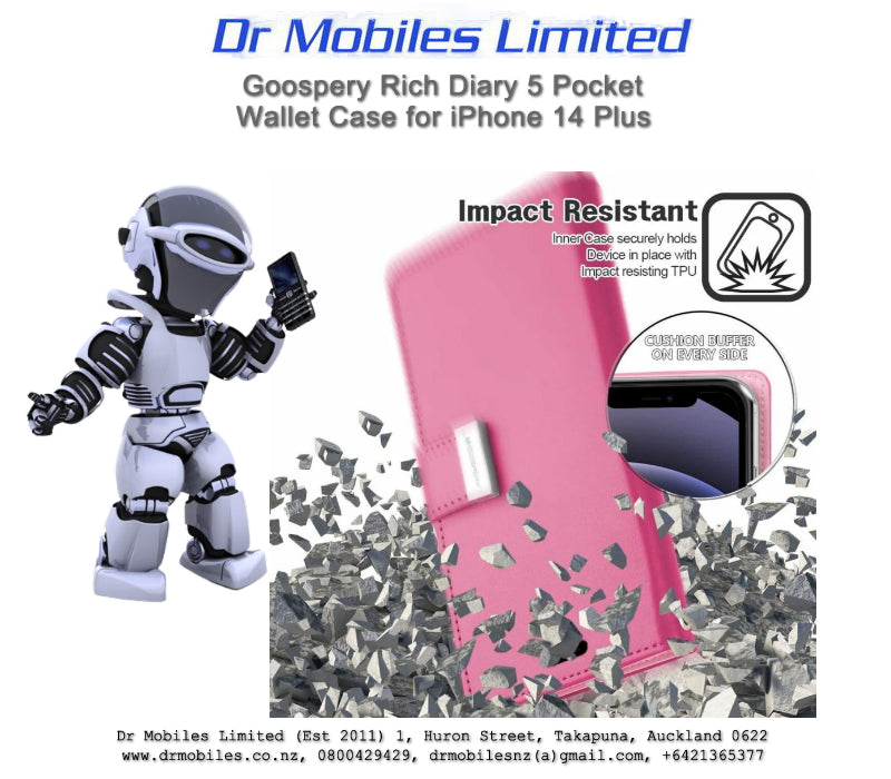 Mercury Goospery iPhone 14 Plus, 6.7" Rich Diary 5 Pocket Wallet Case - Hot Pink