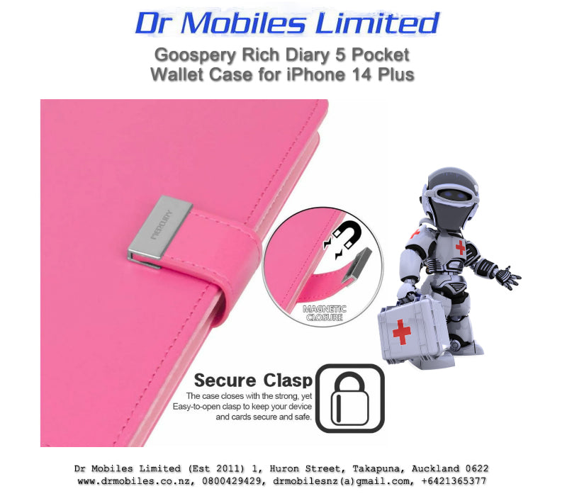Mercury Goospery iPhone 14 Plus, 6.7" Rich Diary 5 Pocket Wallet Case - Hot Pink