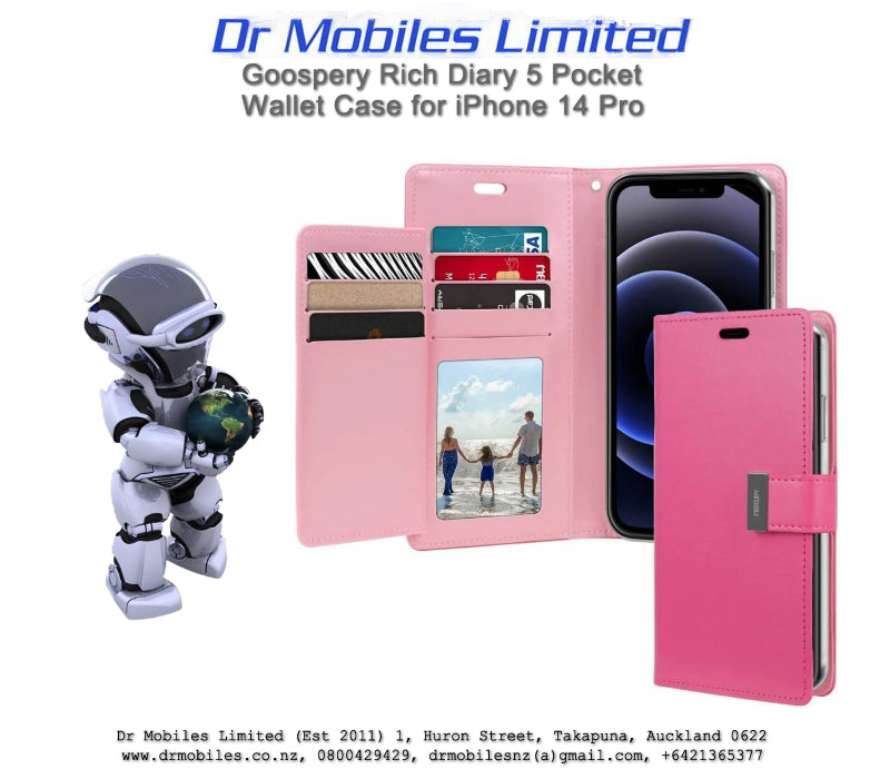 Mercury Goospery Rich Diary 5 Pocket Wallet Case for Apple iPhone 14 Pro, 6.1" - Hot Pink