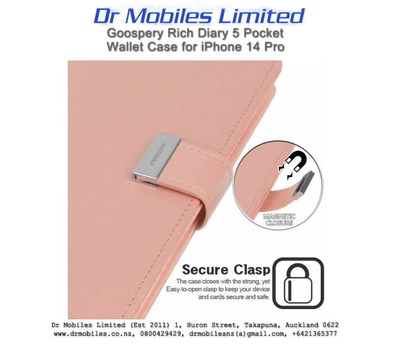 Mercury Goospery Rich Diary 5 Pocket Wallet Case for Apple iPhone 14 Pro, 6.1" - Hot Pink