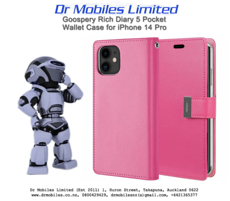 Mercury Goospery Rich Diary 5 Pocket Wallet Case for Apple iPhone 14 Pro, 6.1" - Hot Pink