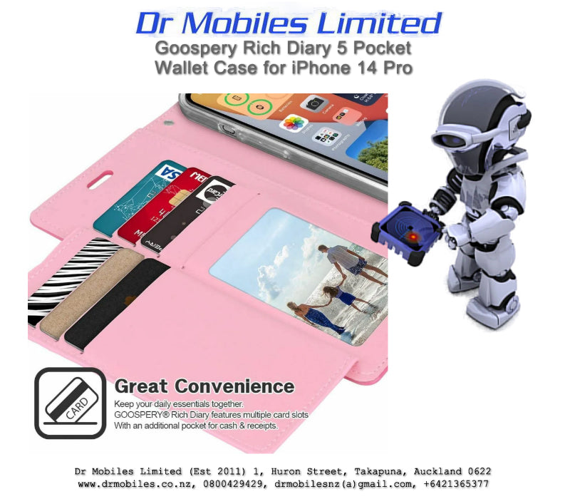 Mercury Goospery Rich Diary 5 Pocket Wallet Case for Apple iPhone 14 Pro, 6.1" - Hot Pink