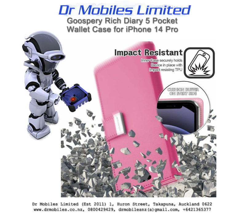 Mercury Goospery Rich Diary 5 Pocket Wallet Case for Apple iPhone 14 Pro, 6.1" - Hot Pink