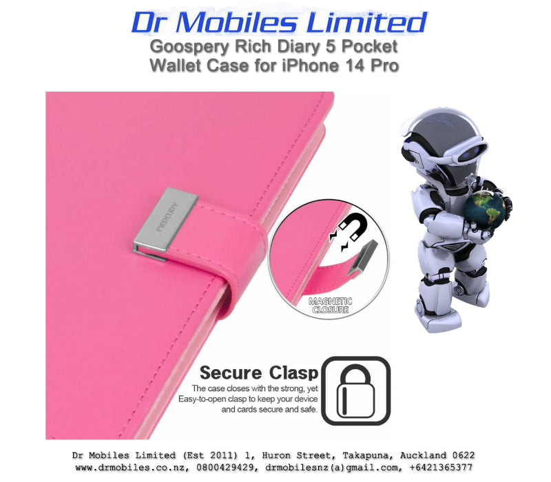 Mercury Goospery Rich Diary 5 Pocket Wallet Case for Apple iPhone 14 Pro, 6.1" - Hot Pink