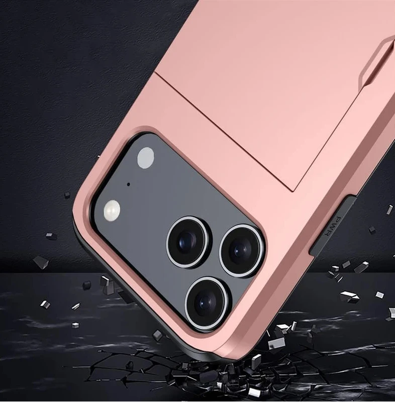 A rose gold protective phone case with a built-in kickstand, shown installed on a smartphone. The case features a raised camera bumper and a small kickstand on the side, set against a dark background with a shattered glass effect.