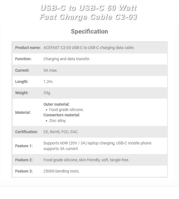USB-C to USB-C 60W Fast Charging Cable - AceFast C2-03