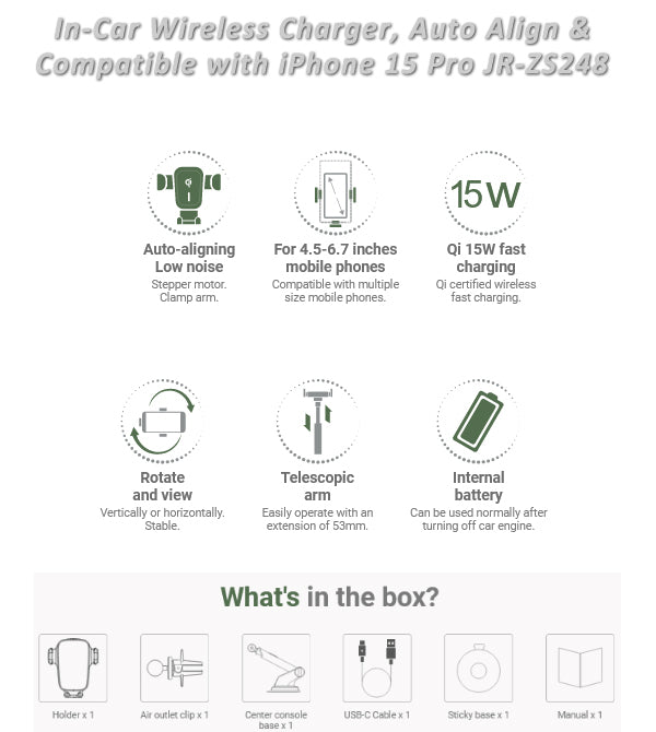 Auto Clamping Phone Holder with Wireless Qi Charging - AceFast JR-ZS248, MegSafe