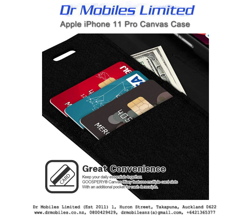 Mercury Goospery Apple iPhone 11 Pro, 5.8" Canvas Diary Case - Black