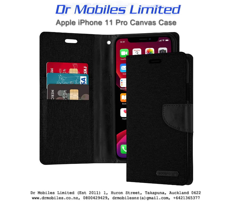 Mercury Goospery Apple iPhone 11 Pro, 5.8" Canvas Diary Case - Black