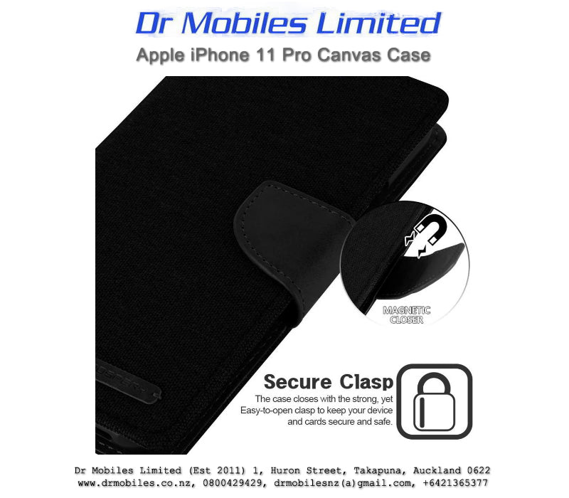 Mercury Goospery Apple iPhone 11 Pro, 5.8" Canvas Diary Case - Black