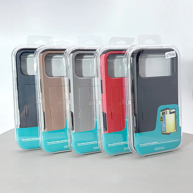 Five phone cases in different colors with a clear plastic cover on a light gray background