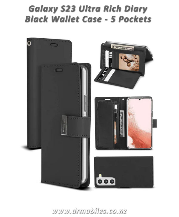 Mercury Goosery Case for Samsung Galaxy S23, Black Rich Dairy with 5 Pockets, Black