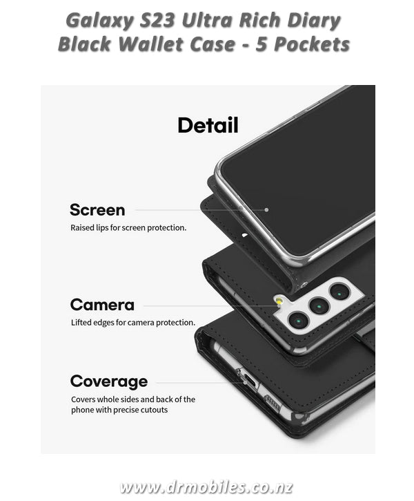 Mercury Goosery Case for Samsung Galaxy S23, Black Rich Dairy with 5 Pockets, Black