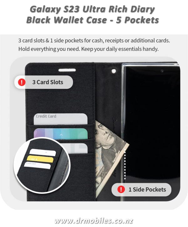 Mercury Goosery Case for Samsung Galaxy S23, Black Rich Dairy with 5 Pockets, Black