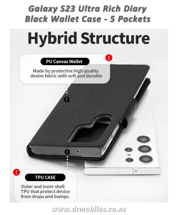 Mercury Goosery Case for Samsung Galaxy S23, Black Rich Dairy with 5 Pockets, Black