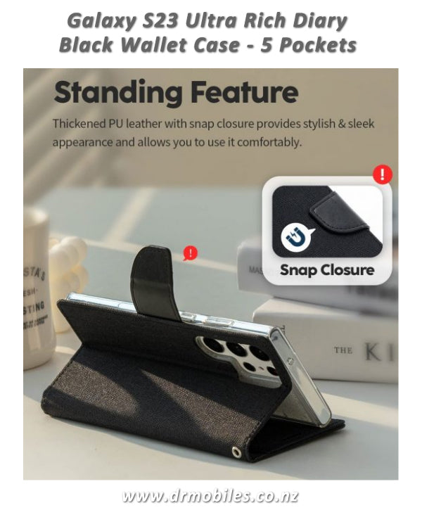 Mercury Goosery Case for Samsung Galaxy S23, Black Rich Dairy with 5 Pockets, Black