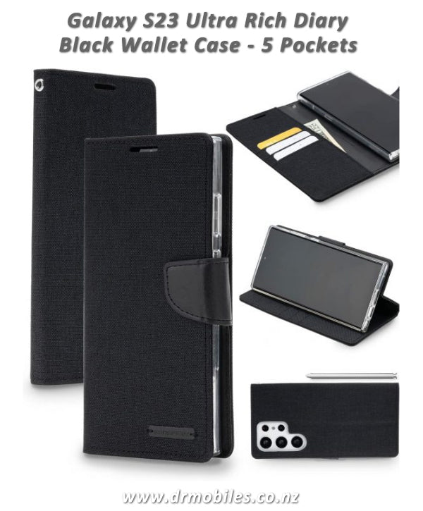 Mercury Goosery Case for Samsung Galaxy S23, Black Rich Dairy with 5 Pockets, Black