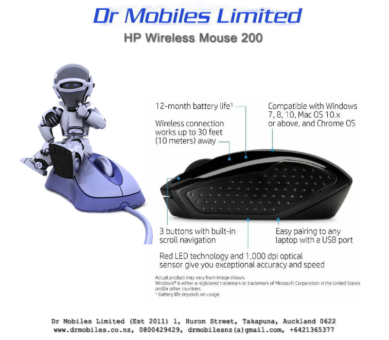 Wireless Mouse, 1,000dpi, - HP 200