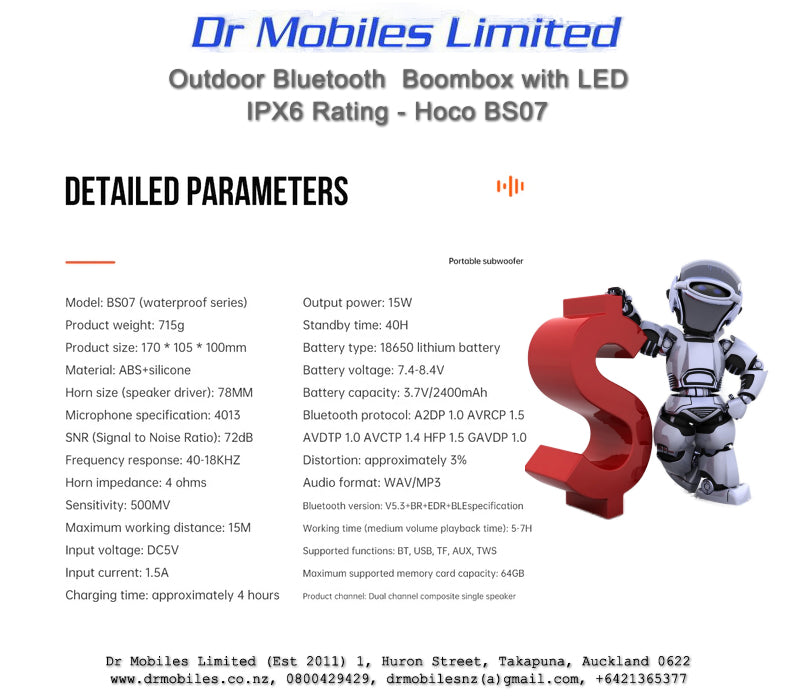 Bluetooth Outdoor Boombox with LED, IPX6 Rating - Hoco BS07