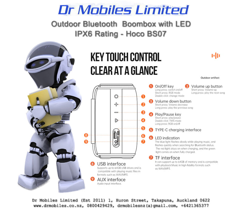 Bluetooth Outdoor Boombox with LED, IPX6 Rating - Hoco BS07