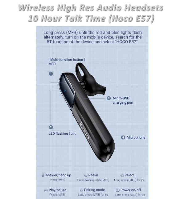 Wireless V 5.0 Headset - Hoco E57, 10 Hours Talk Time Handsfree