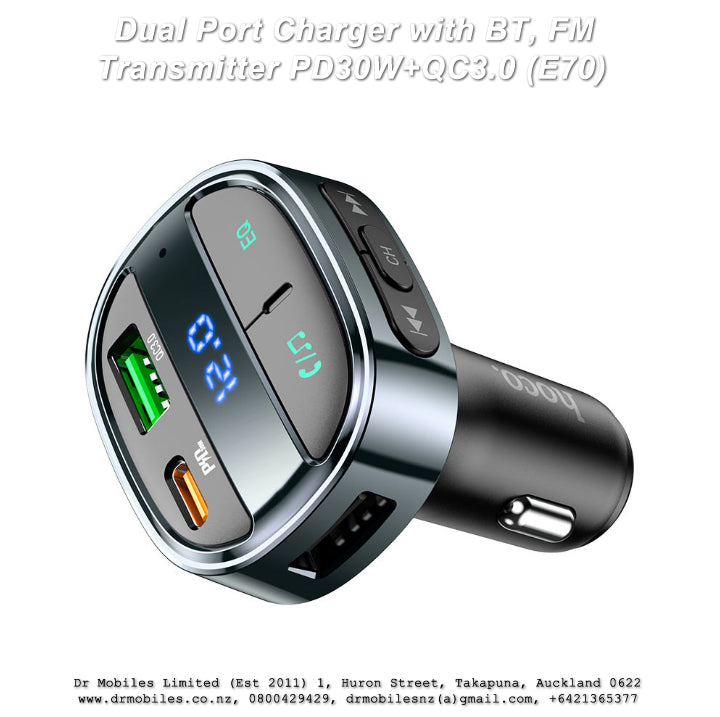 Dual Port Charger with FM Transmitter with PD 30Watt and QC 3.0 Charging (E70)