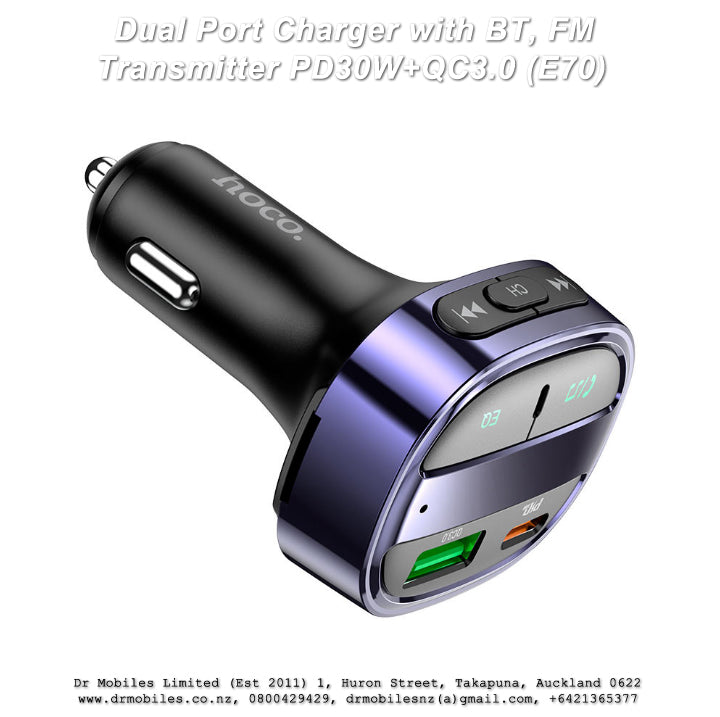Dual Port Charger with FM Transmitter with PD 30Watt and QC 3.0 Charging (E70)