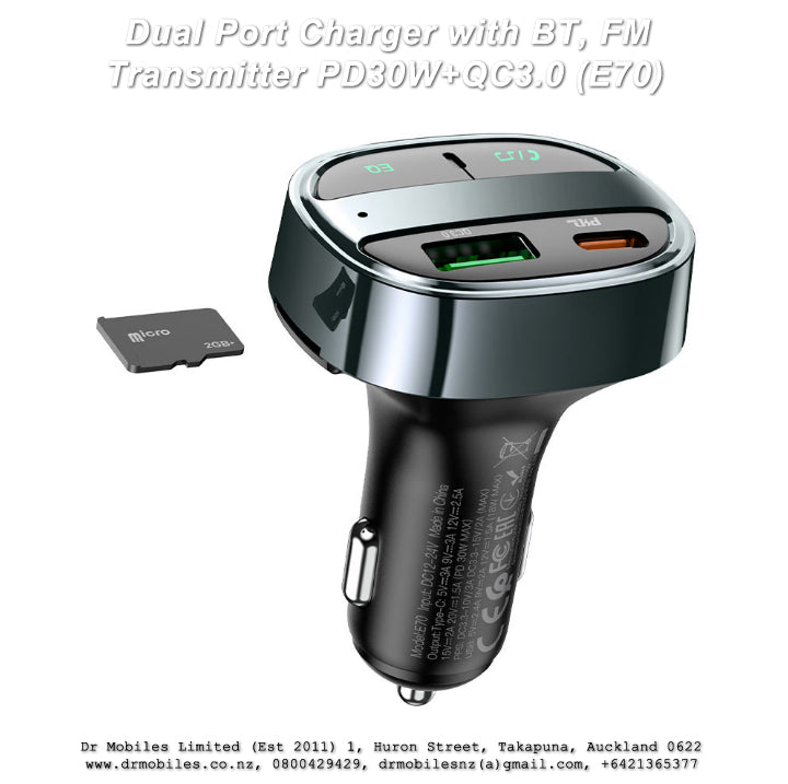 Dual Port Charger with FM Transmitter with PD 30Watt and QC 3.0 Charging (E70)