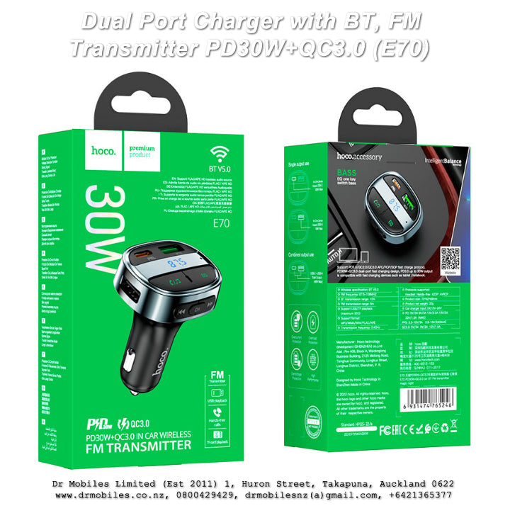 Dual Port Charger with FM Transmitter with PD 30Watt and QC 3.0 Charging (E70)