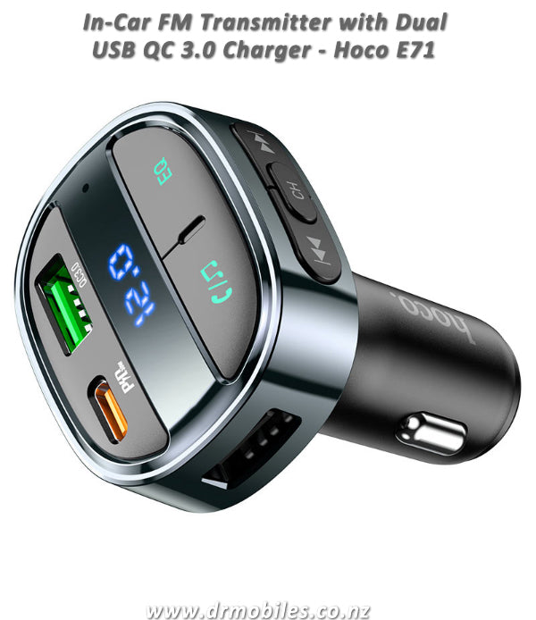 In-Car FM Wiress Transmitter, Dua USB QC 3.0 Charger. Hoco E71