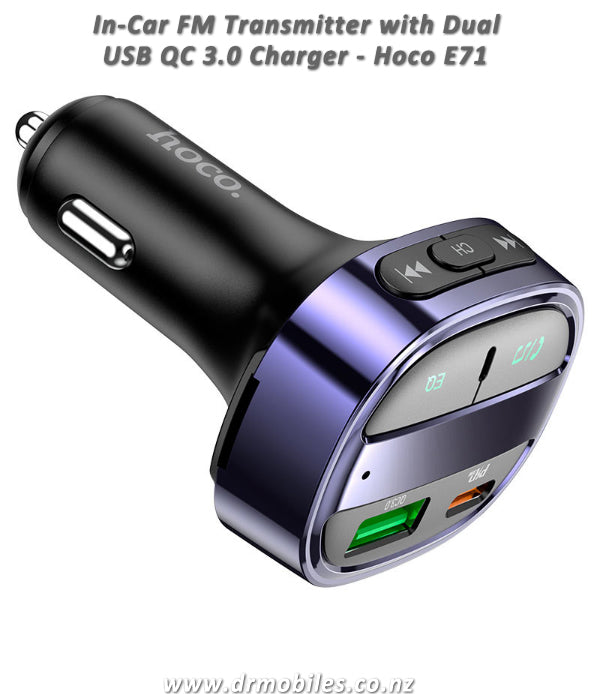 In-Car FM Wiress Transmitter, Dua USB QC 3.0 Charger. Hoco E71