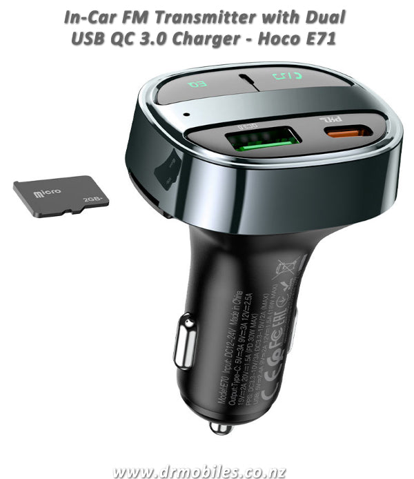In-Car FM Wiress Transmitter, Dua USB QC 3.0 Charger. Hoco E71