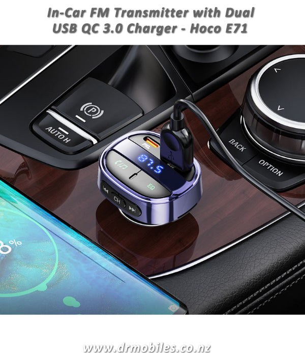 In-Car FM Wiress Transmitter, Dua USB QC 3.0 Charger.  Hoco E71