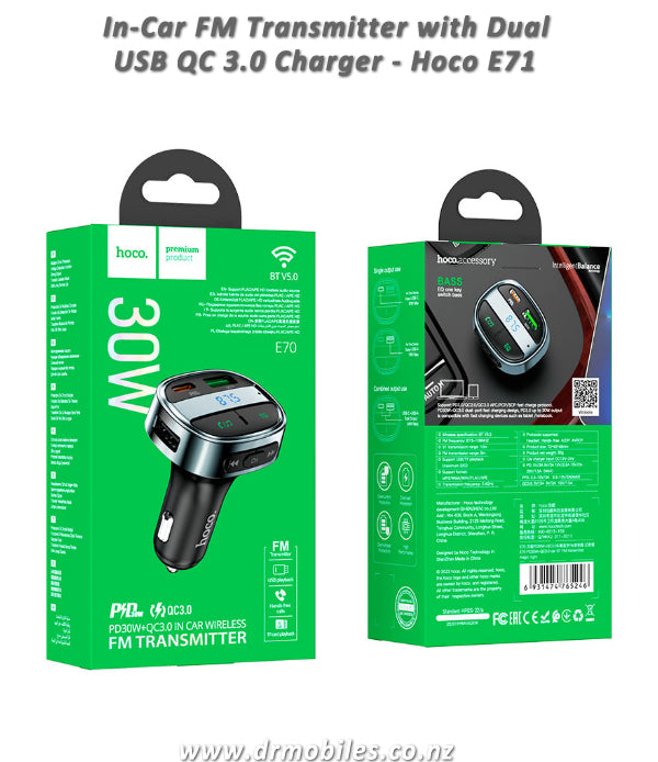 In-Car FM Wiress Transmitter, Dua USB QC 3.0 Charger. Hoco E71