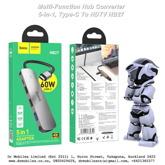 Multi-Function Hub Converter, 5-in-1, Type-C To HDTV + USB3.0, PD, Hoco, HB27