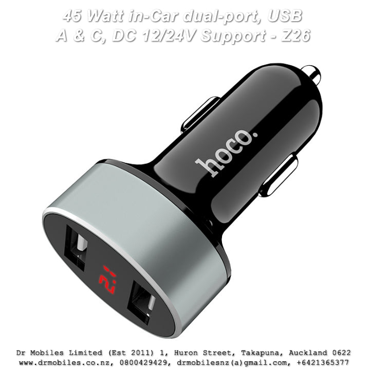 45 Watt in-Car dual-port, USB A & C, DC 12/24V Support - Z26