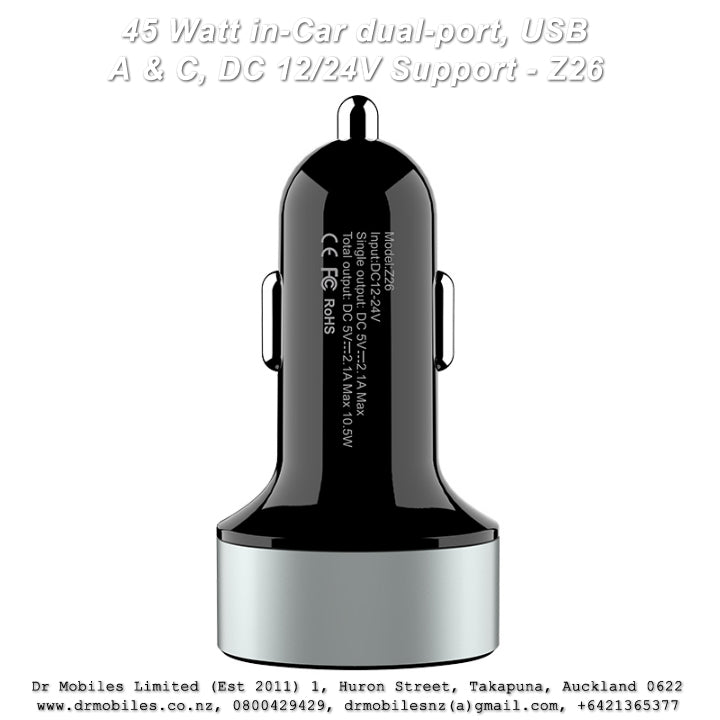 45 Watt in-Car dual-port, USB A & C, DC 12/24V Support - Z26