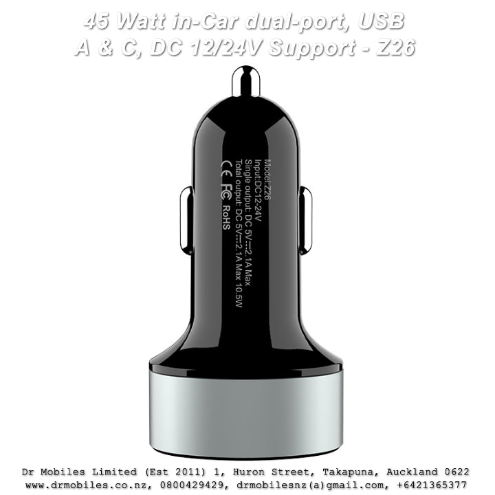 45 Watt in-Car dual-port, USB A & C, DC 12/24V Support - Z26