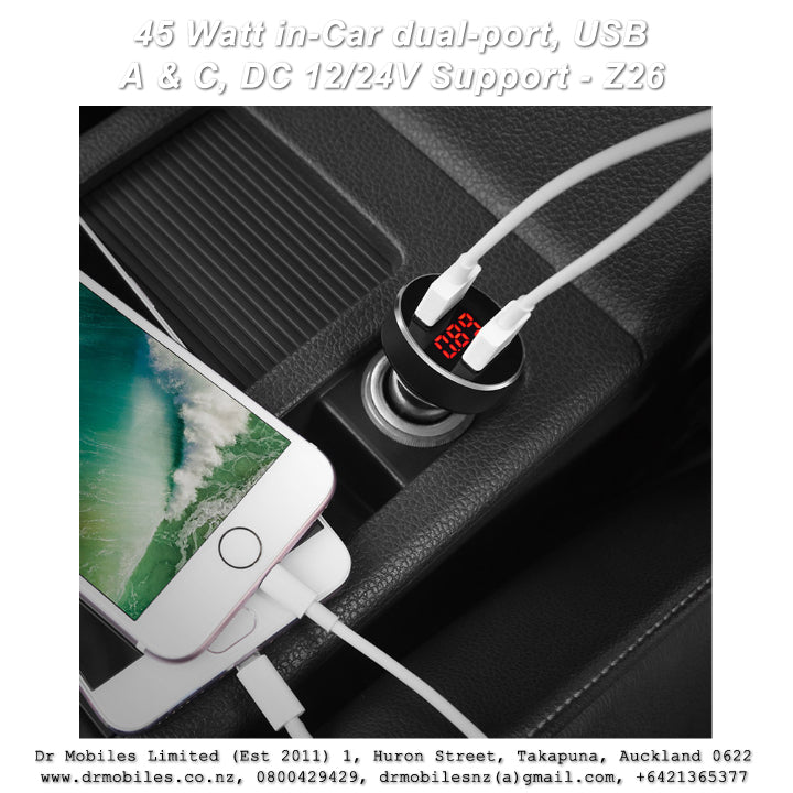 45 Watt in-Car dual-port, USB A & C, DC 12/24V Support - Z26