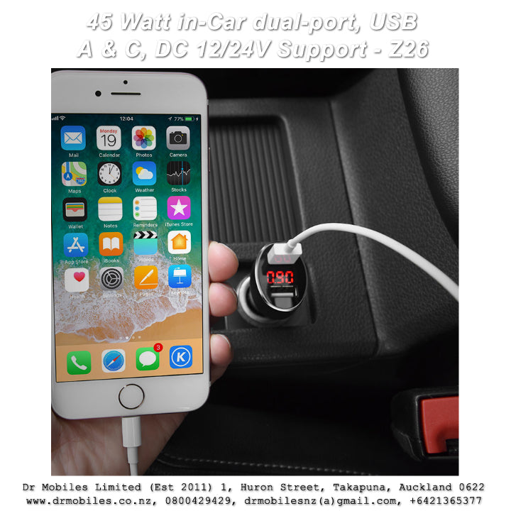 45 Watt in-Car dual-port, USB A & C, DC 12/24V Support - Z26
