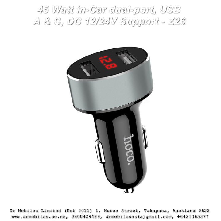 45 Watt in-Car dual-port, USB A & C, DC 12/24V Support - Z26