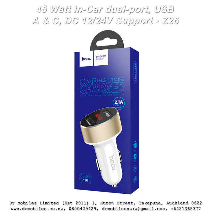 45 Watt in-Car dual-port, USB A & C, DC 12/24V Support - Z26